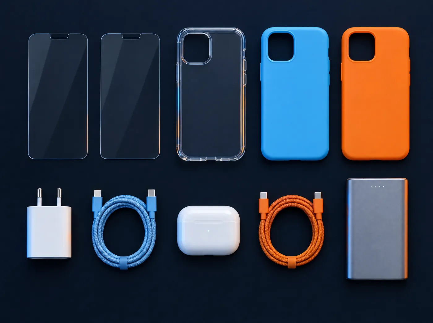 Accesorios para móvil sobre fondo azul oscuro: protectores de cristal templado, fundas y cables